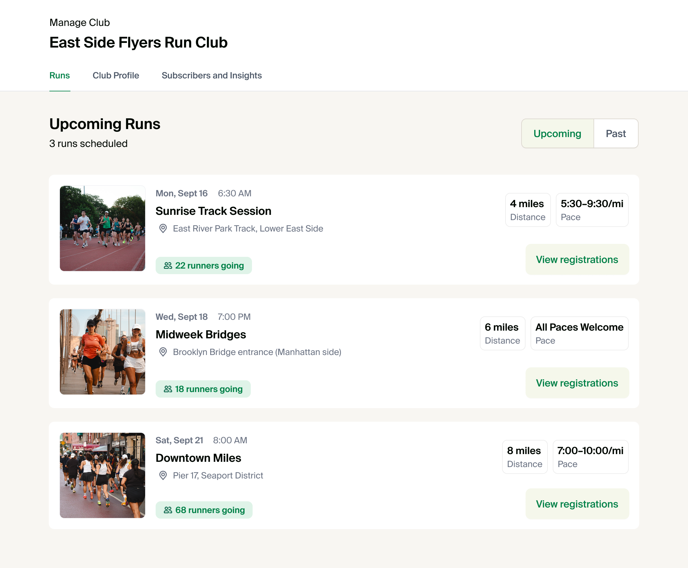 Run club management platform dashboard showing run schedules, member signups, and community features
